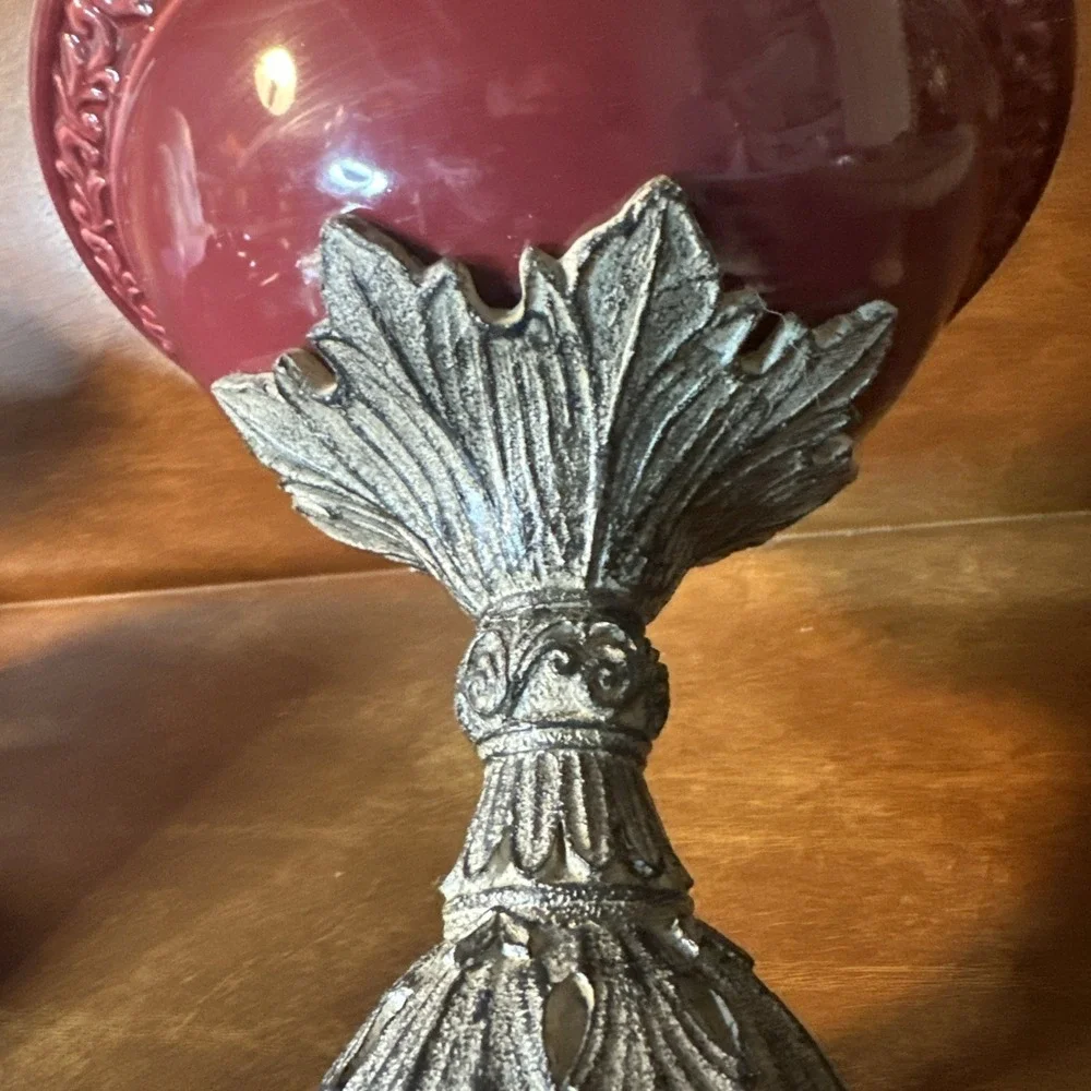 Drake Design Pedestal Bowl Compote Tuscan Scroll Fleur De Lis Oxblood Red